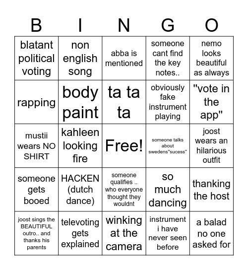 Semi finale 2 Bingo Card