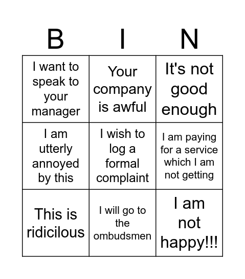 Complaint bingo Card