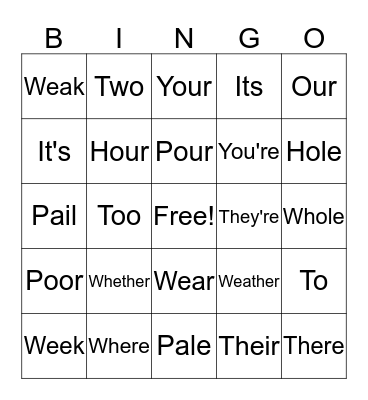 Homophone Bingo Card