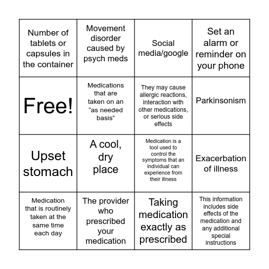 Medication Bingo Card