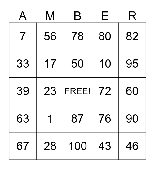 amber's Bingo Card