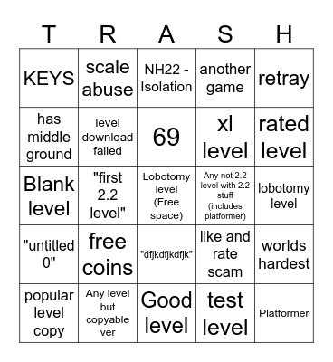 Geometry Dash 2.2 Recent Tab Bingo Card