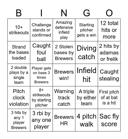 Brewers Bingo Card
