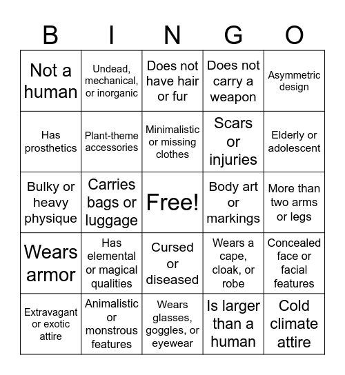 Fantasy Character Bingo Card