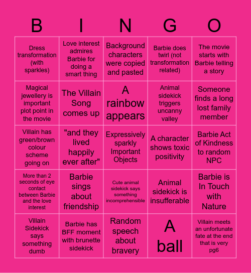 Barbie Movie Bingo Card