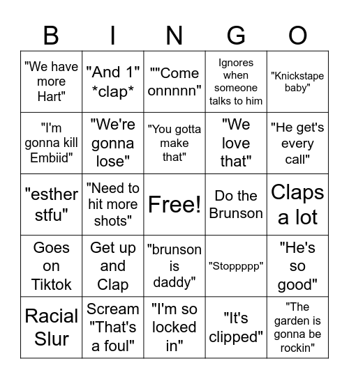 David Knicks Bingo Card