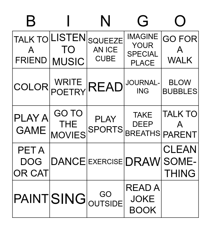 HEALTHY COPING SKILLS FOR STRESS Bingo Card