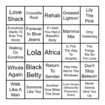 Sing-A-Long Classics Bingo Card