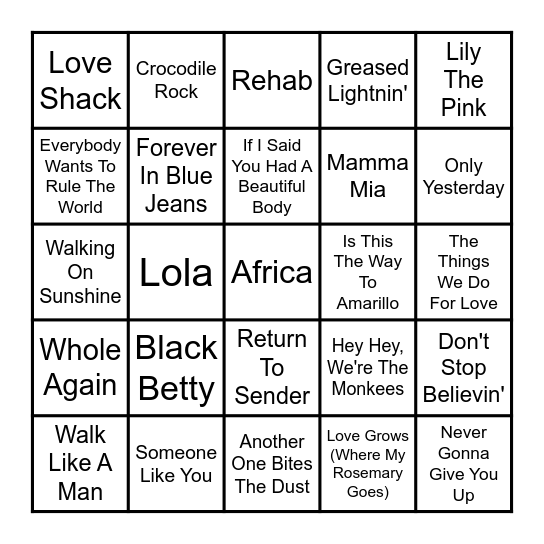 Sing-A-Long Classics Bingo Card