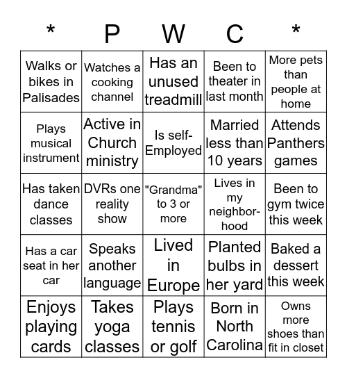 Locate a guest that fits the description in a square and place her name in that square. Bingo Card