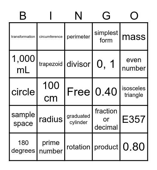 5th Grade Math SOL Review #1 Bingo Card