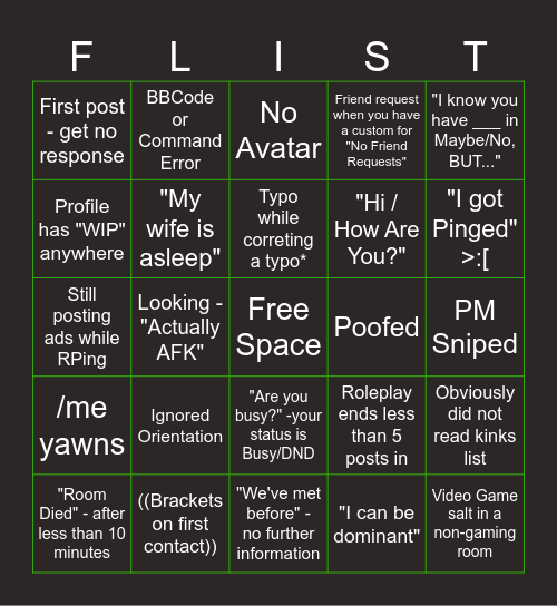 F-List Sins Bingo Card