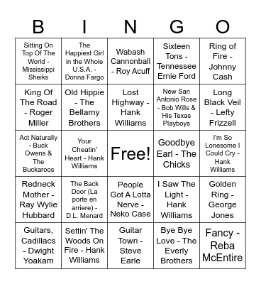 100 Greatest Country Music Bingo Card