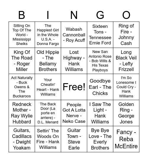 100 Greatest Country Music Bingo Card