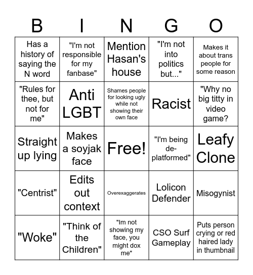 Commentary YT Bing Bingo Card