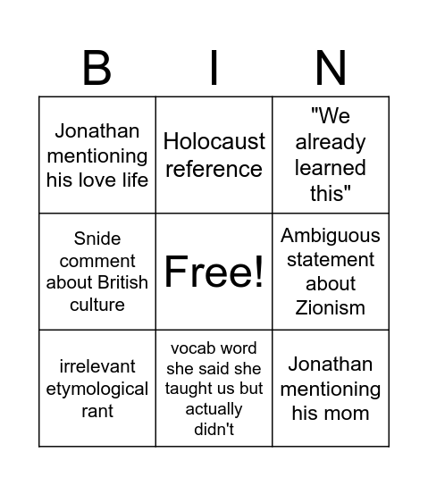 Hebrew Class Bingo Card