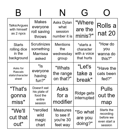 Ridge Bingo Card