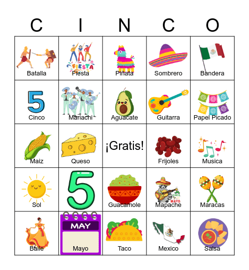 Vocabulario de Cinco de mayo Bingo Card