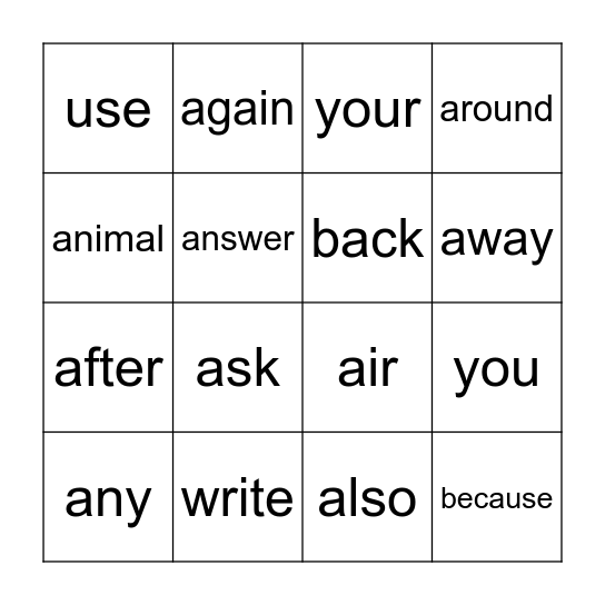 Sight Words Bingo Card
