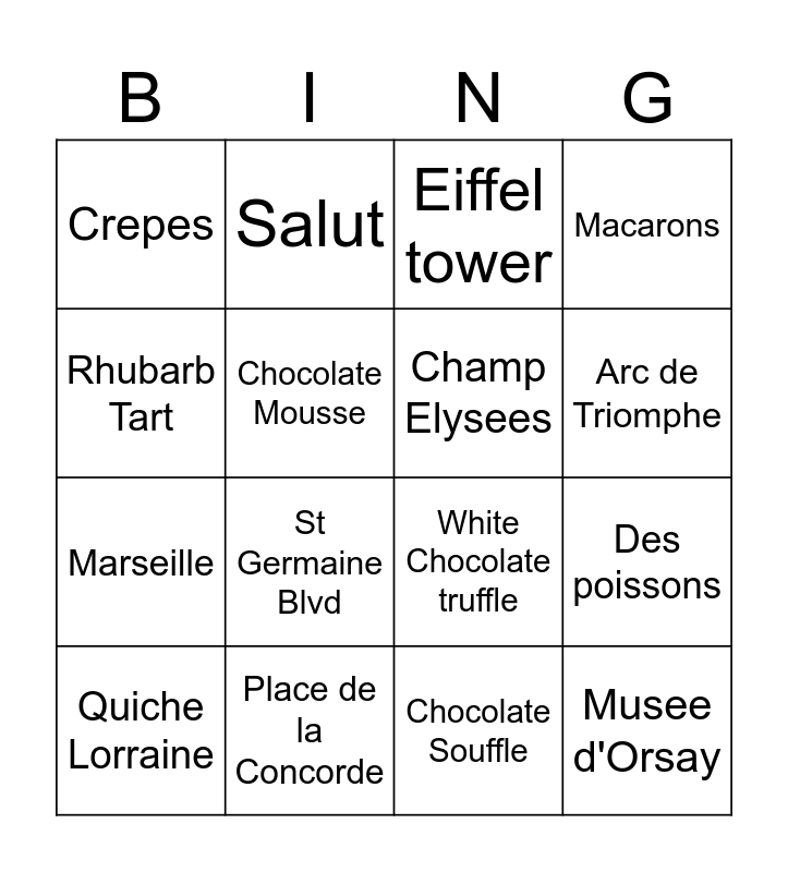 Paris Bingo Card Paris Bingo Card