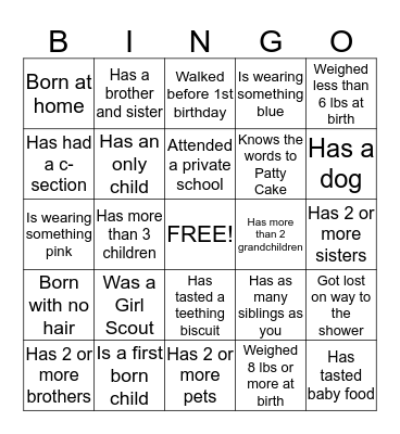 Baby Shower Ice Breaker Bingo Card