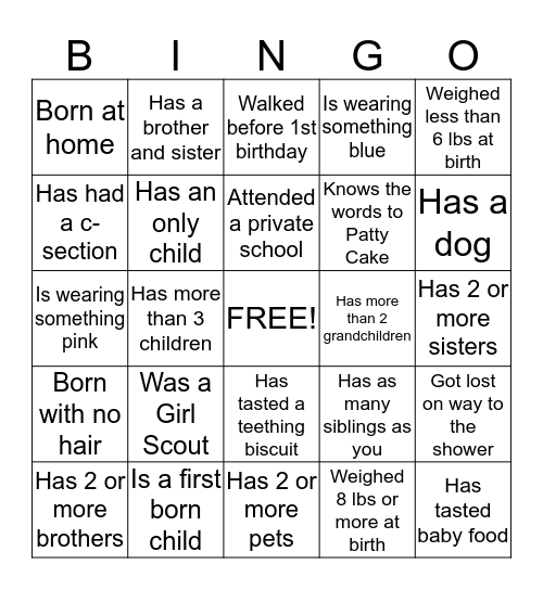 Baby Shower Ice Breaker Bingo Card