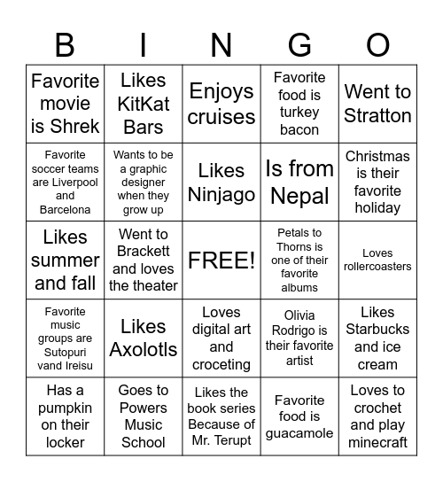 All About me Bingo Card