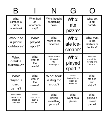 Back-to-School Bingo - What did you do over the holiday? Bingo Card
