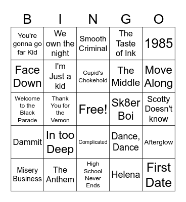 Pop Punk Bingo Card