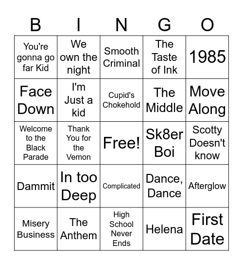 Pop Punk Bingo Card