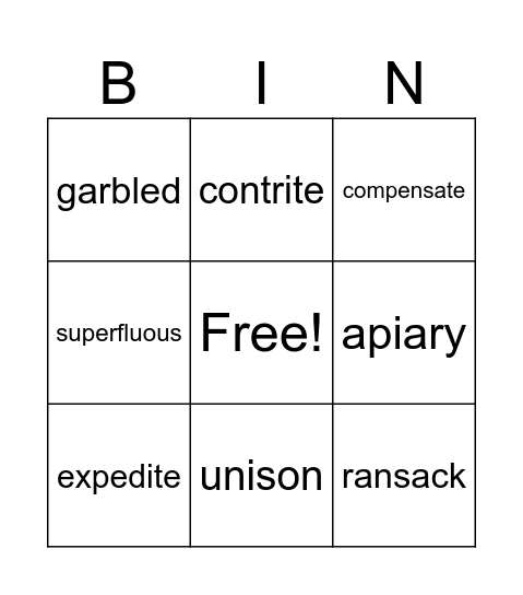 Vocabulary April 29 - May 5 Bingo Card