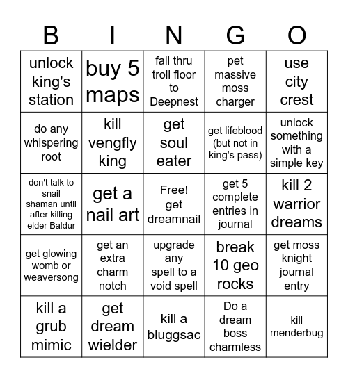 Hollow Knight Bingo Card