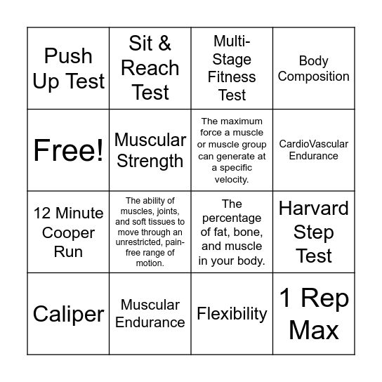 Health Related Components of Fitness Bingo Card