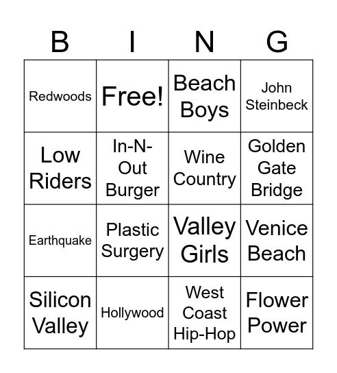 California Bingo Card