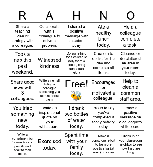 RAHN Staff Bingo Card