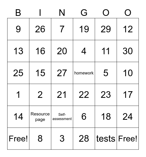 Final Exam Review Bingo Card