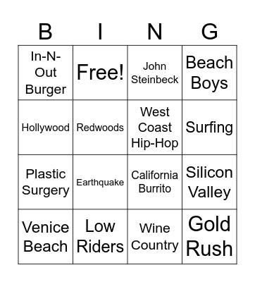 Cali Bingo Card