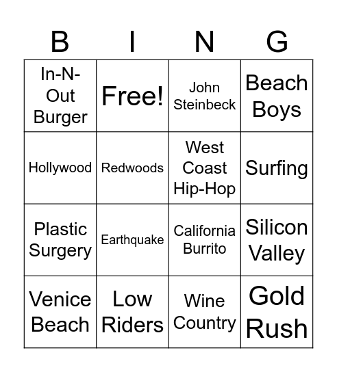 Cali Bingo Card