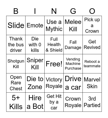 Fortnite Bingo Card