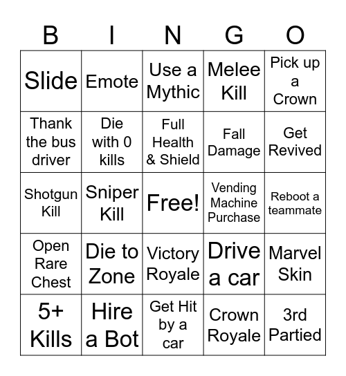 Fortnite Bingo Card