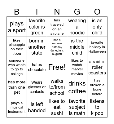 Let's get to know each other! Bingo Card
