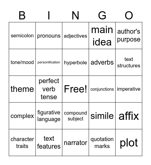 ELA Review Bingo Card