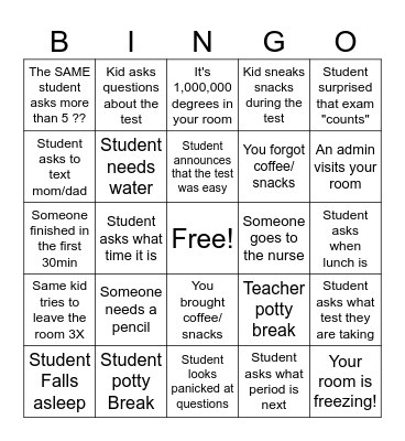 Exam Proctoring Bingo Card
