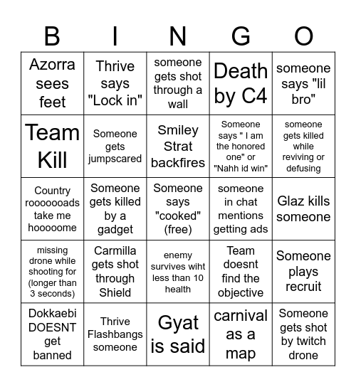 Rainbow 6 Stream Bingo board Bingo Card