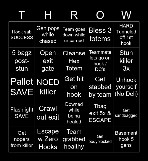 Throwing DBD Bingo Card