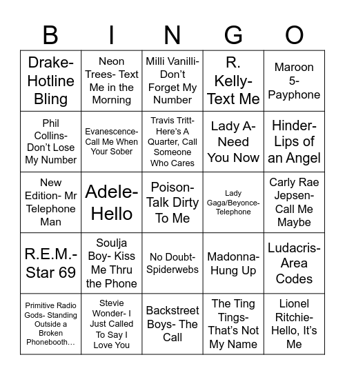 Radio Bingo Phone Bingo Card