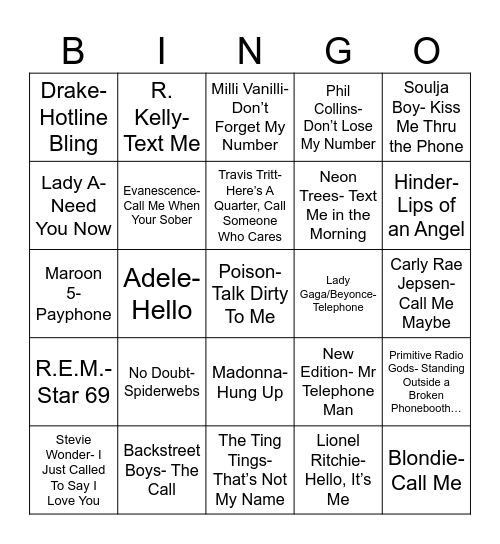 Radio Bingo Phone Bingo Card