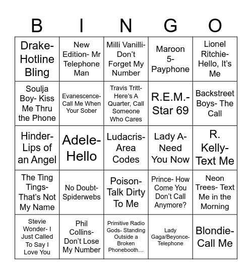 Radio Bingo Phone Bingo Card