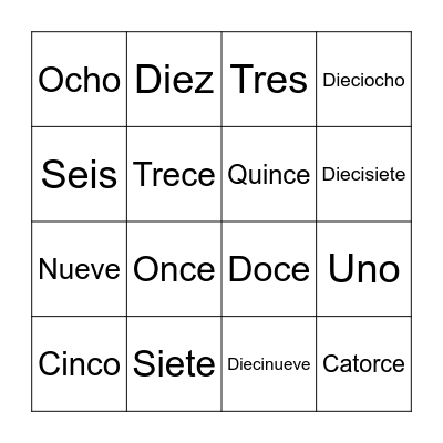 NÚMEROS EN ESPAÑOL Bingo Card