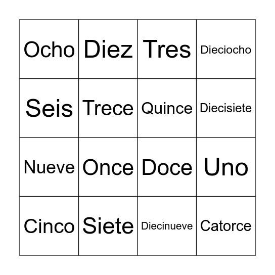 NÚMEROS EN ESPAÑOL Bingo Card